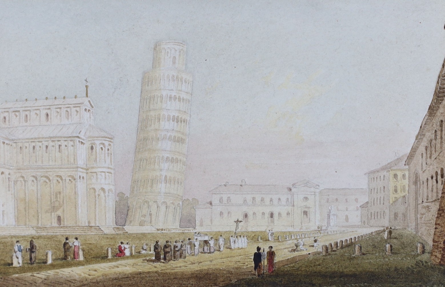 Attributed to William Daniell (1769–1837), watercolour, View of a procession before the Tower of Pisa, 10 x 15cm